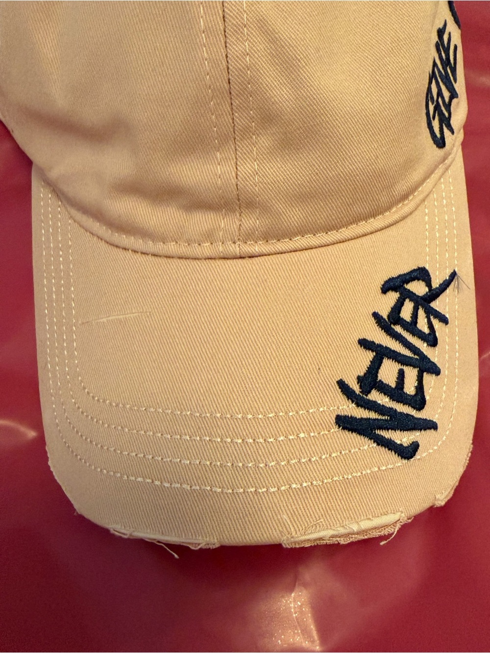 Embroidered Beige Cotton Baseball Cap “Never give up” Back strap adjustable